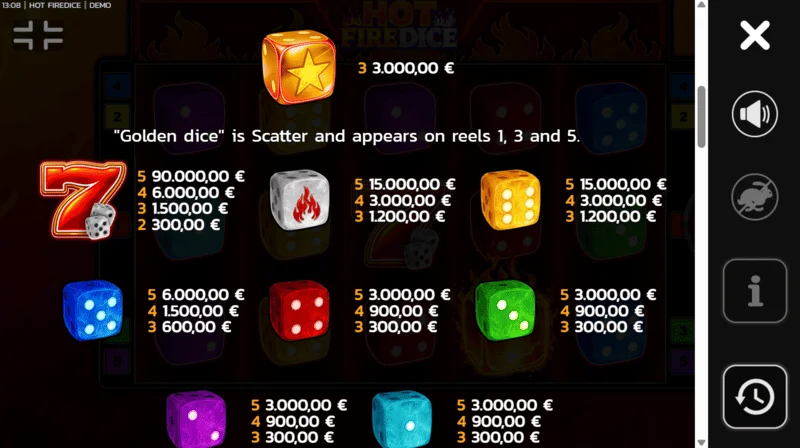 Hot Fire Dice - výplatní tabulka s dodatečnými Wild symboly
