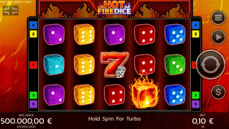 Hot Fire Dice - herní obrazovka s hořícími sedmičkami